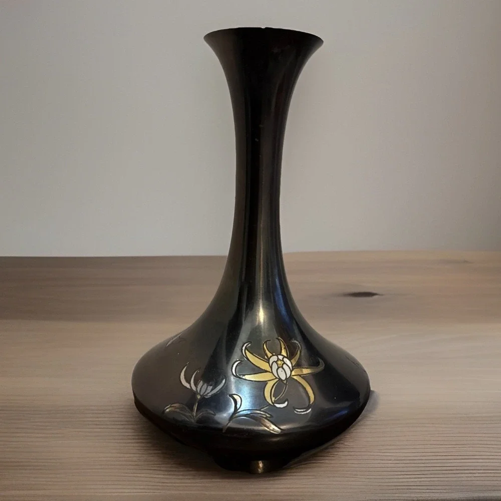 Japanese Vintage Black Metal Floral Vase with‎ Narrow Neck 7